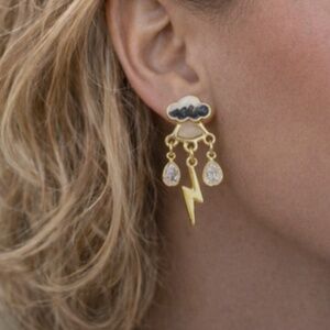 Storm Cloud Gold White Black Lightning Dangle Post Earrings NWT